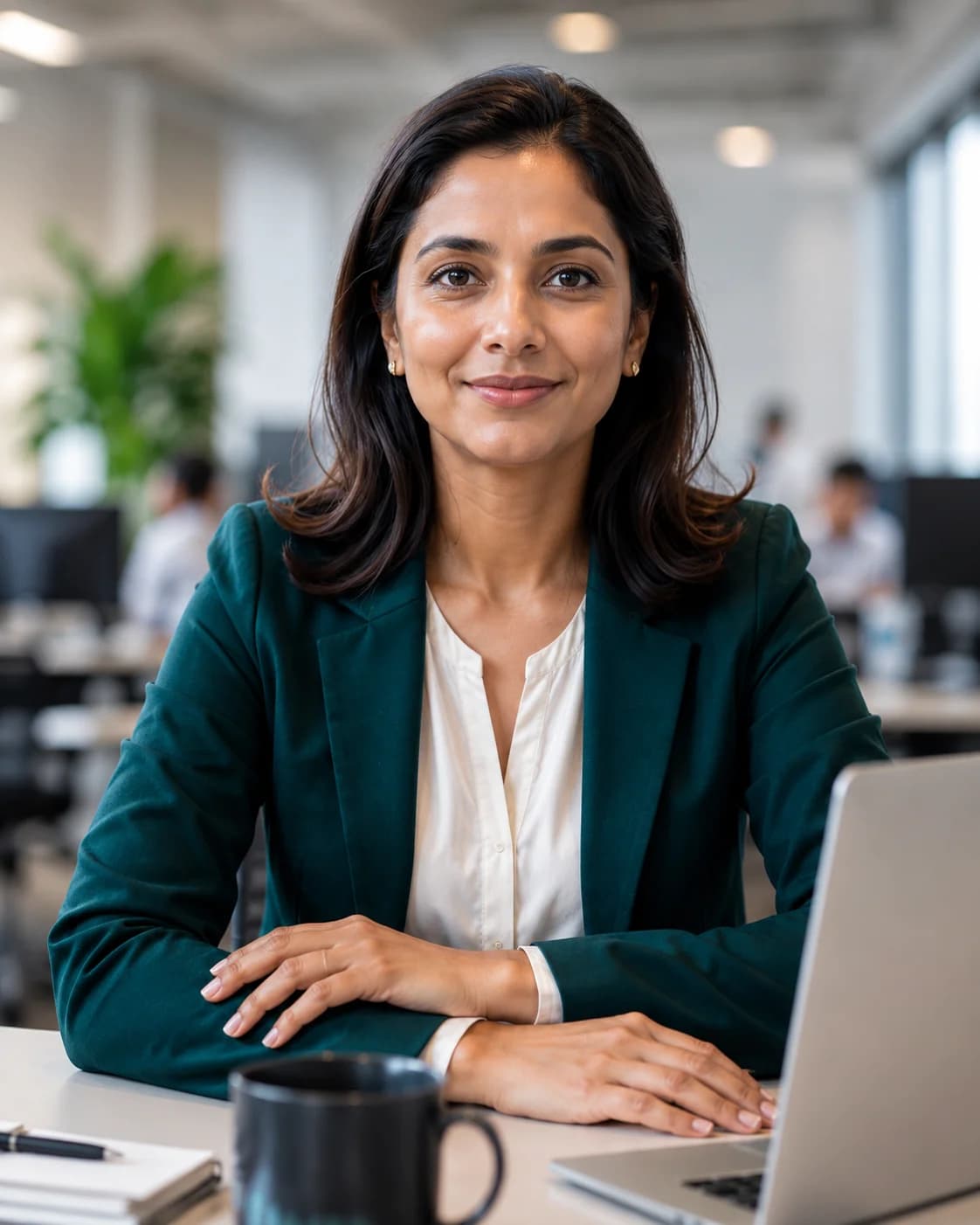 Recruiter in a green blazer seated at her desk with a laptop