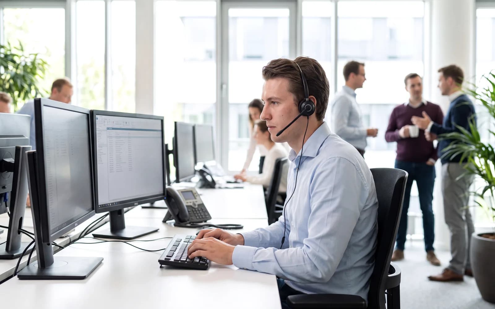 A recruiter wearing a telephone headset at a tidy desk with two monitors, colleagues softly blurred behind